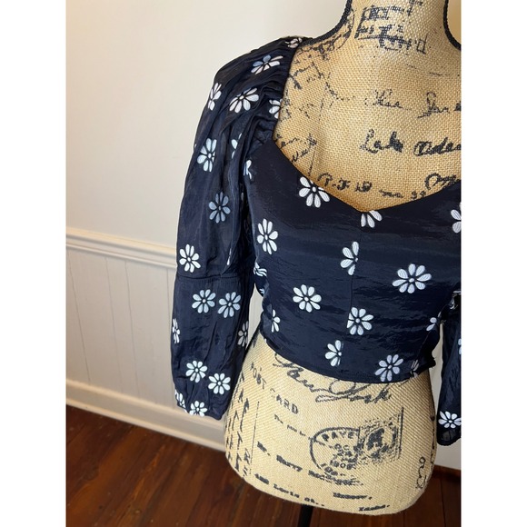 Buru Teagan crop Top Black White Puff Sleeve Sweetheart Neck Smocked size S - Picture 4 of 12